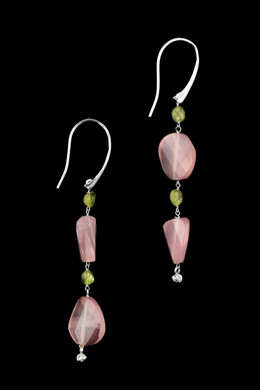 Dangling Silver Earrings with Pink Quartz & Peridot